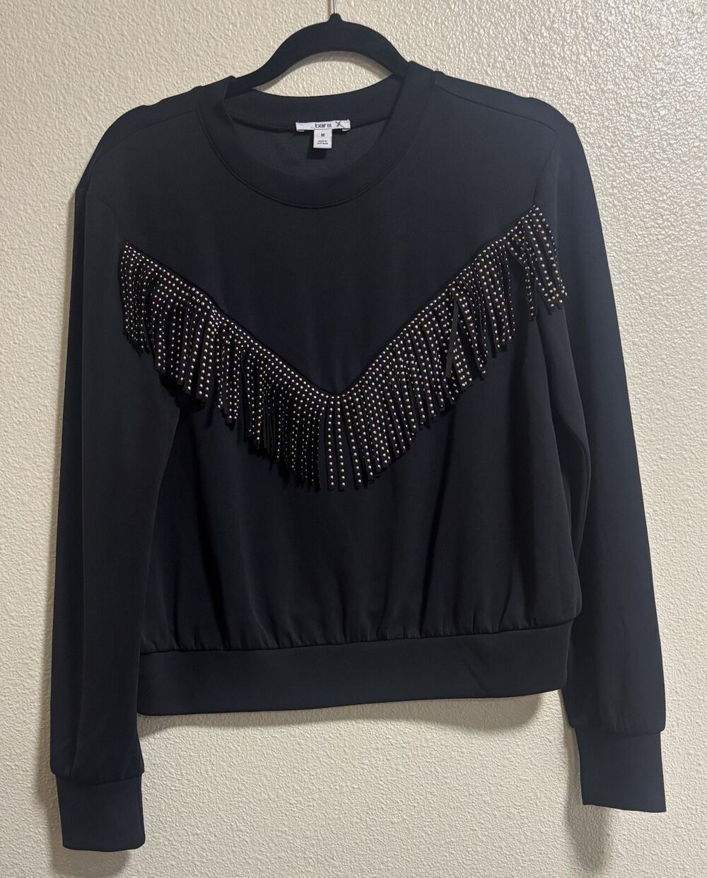 Black Fringe Sweater Studded Western Cowgirl Festival Mountain Chic Goth Size M